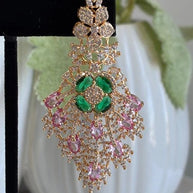Green Pink CZ Gold Tone Chandelier Earrings Pakistani Indian Bridal Jewelry