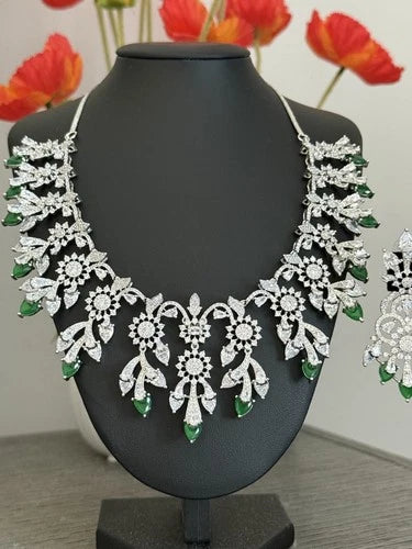 Emerald Green CZ Crystal Silver Necklace Earrings Set Indian Bridal Jewelry