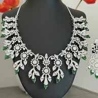 Emerald Green CZ Crystal Silver Necklace Earrings Set Indian Bridal Jewelry