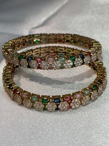 Multicolor CZ Flower Gold Tone Bangle Set Size 2.10 Indian Pakistani Jewelry