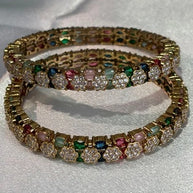 Multicolor CZ Flower Gold Tone Bangle Set Size 2.10 Indian Pakistani Jewelry