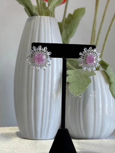 Pink Stone CZ Silver Tone Halo Stud Earrings Pakistani Indian Jewelry