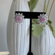Pink Stone CZ Silver Tone Halo Stud Earrings Pakistani Indian Jewelry