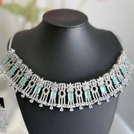 Mint Green CZ Choker Necklace Earrings Set Silver Tone Pakistani Jewelry