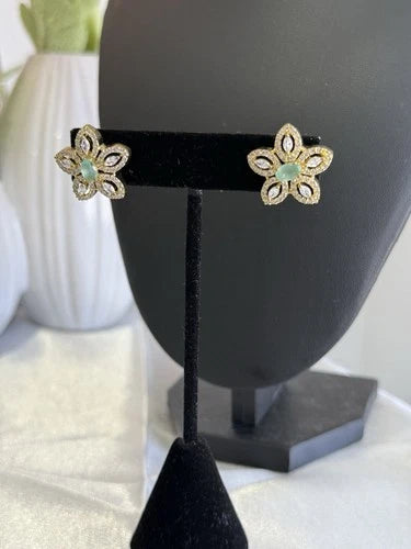 Mint Green CZ Flower Stud Earrings Gold Tone Party Jewelry