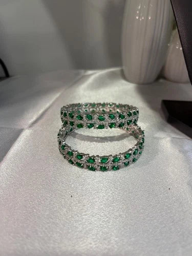 Emerald Green Silver Tone CZ Bangle Set Indian Pakistani Bridal Jewelry