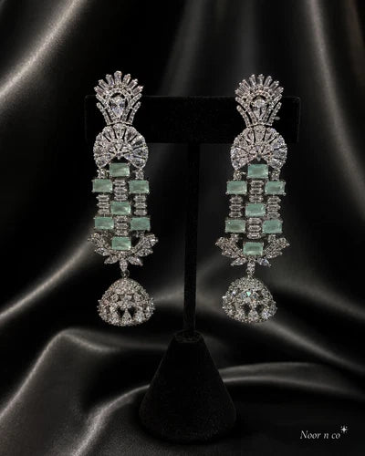 Mint Green CZ Silver Tone Chandelier Jhumka Earrings Pakistani Indian Jewelry