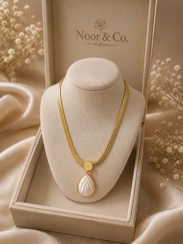 Gold Tone Teardrop Pendant Necklace Iridescent Pearl Look Statement Jewelry