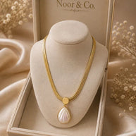 Gold Tone Teardrop Pendant Necklace Iridescent Pearl Look Statement Jewelry
