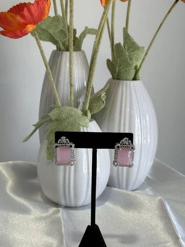 Baby Pink CZ Rectangle Stud Earrings Silver Tone Party Jewelry