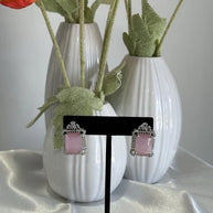 Baby Pink CZ Rectangle Stud Earrings Silver Tone Party Jewelry