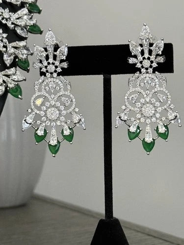 Emerald Green CZ Crystal Silver Necklace Earrings Set Indian Bridal Jewelry