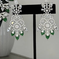 Emerald Green CZ Crystal Silver Necklace Earrings Set Indian Bridal Jewelry