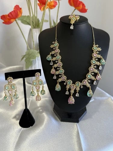 Pastel Pink Mint Gold Tone Necklace Earrings Tikka Pakistani Jewelry Set