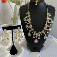 Pastel Pink Mint Gold Tone Necklace Earrings Tikka Pakistani Jewelry Set