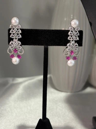Pink Pearl CZ Silver Tone Necklace Earrings Set Indian Pakistani Bridal Jewelry