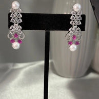 Pink Pearl CZ Silver Tone Necklace Earrings Set Indian Pakistani Bridal Jewelry