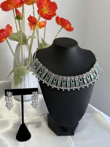 Mint Green CZ Choker Necklace Earrings Set Silver Tone Pakistani Jewelry
