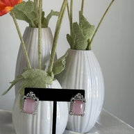 Baby Pink CZ Rectangle Stud Earrings Silver Tone Party Jewelry