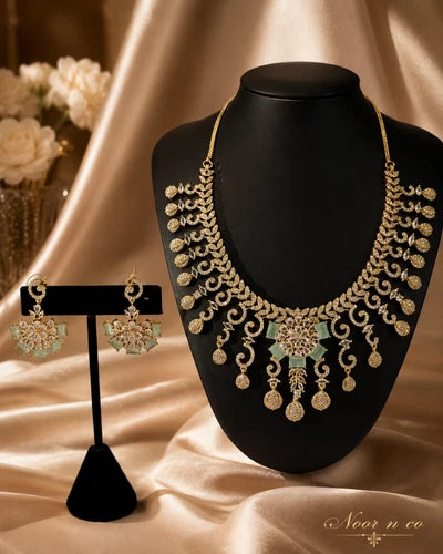Gold Tone Mint Green CZ Necklace Earrings Set Indian Pakistani Bridal Jewelry