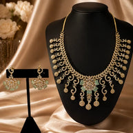 Gold Tone Mint Green CZ Necklace Earrings Set Indian Pakistani Bridal Jewelry