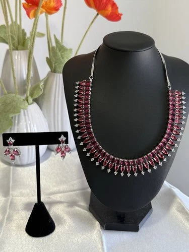 Ruby Pink CZ Necklace & Earrings Set Silver Tone Pakistani Jewelry
