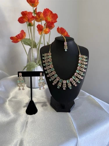 Pastel Pink Mint CZ Necklace Earrings Tikka Set Gold Tone Jewelry