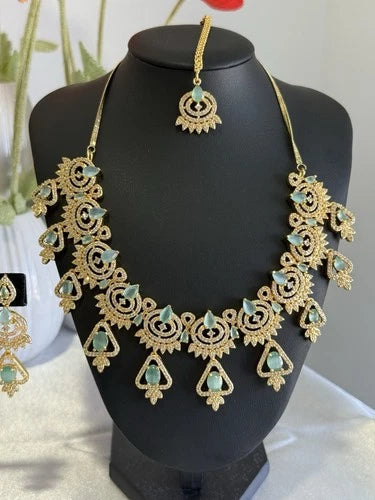 Mint Green CZ Necklace & Earrings Set Silver Tone Pakistani Jewelry