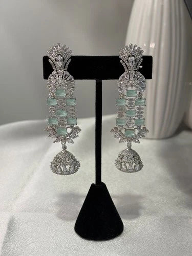 Mint Green CZ Silver Tone Chandelier Jhumka Earrings Pakistani Indian Jewelry