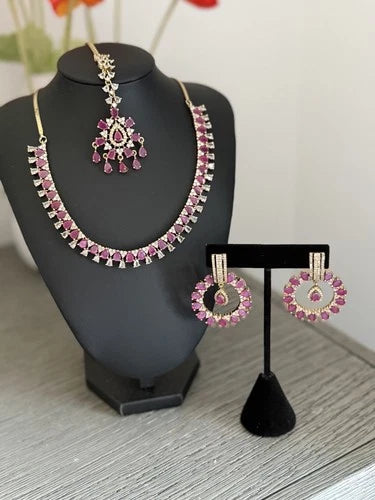 Pink CZ Gold Tone Necklace Earrings Tikka Set Indian Pakistani Bridal Jewelry