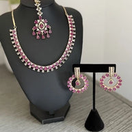Pink CZ Gold Tone Necklace Earrings Tikka Set Indian Pakistani Bridal Jewelry