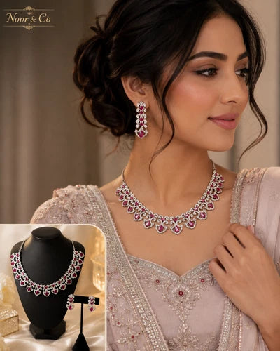 Ruby-toned American Diamond necklace and earring set