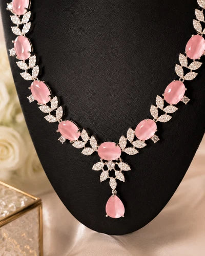 Blush Pink American Diamond Necklace, Earrings & Tikka Set