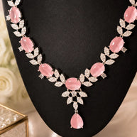 Blush Pink American Diamond Necklace, Earrings & Tikka Set