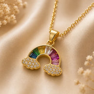 Gold Tone Rainbow Pendant Necklace Multicolor Crystal Look Cloud Fashion Jewelry