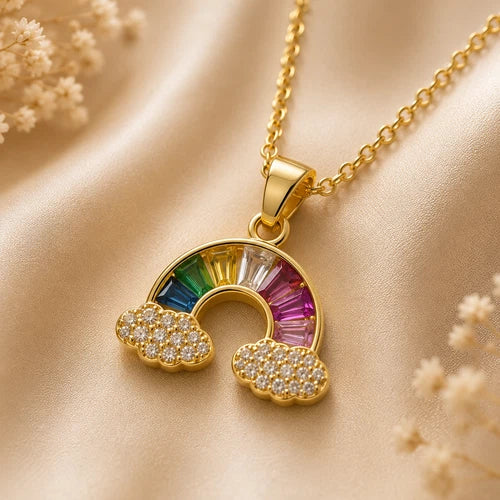 Gold Tone Rainbow Pendant Necklace Multicolor Crystal Look Cloud Fashion Jewelry