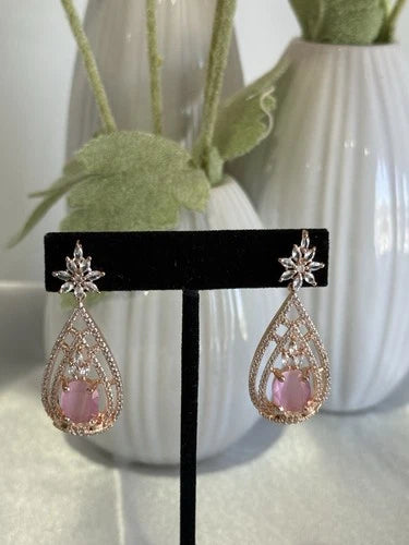 Baby Pink CZ Teardrop Earrings Rose Gold Tone Party Jewelry