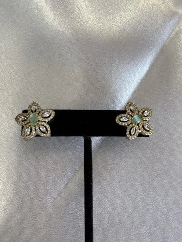 Mint Green CZ Flower Stud Earrings Gold Tone Party Jewelry