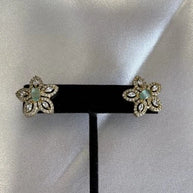 Mint Green CZ Flower Stud Earrings Gold Tone Party Jewelry