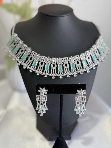 Mint Green CZ Choker Necklace Earrings Set Silver Tone Pakistani Jewelry