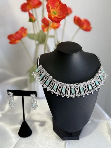 Mint Green CZ Choker Necklace Earrings Set Silver Tone Pakistani Jewelry