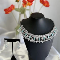 Mint Green CZ Choker Necklace Earrings Set Silver Tone Pakistani Jewelry