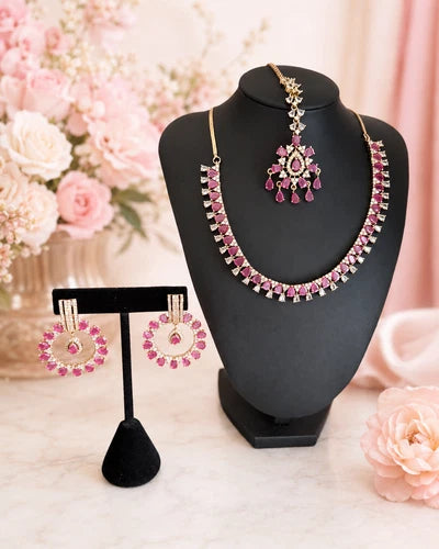 Pink CZ Gold Tone Necklace Earrings Tikka Set Indian Pakistani Bridal Jewelry