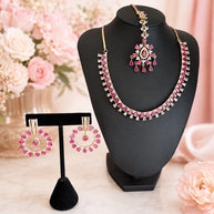 Pink CZ Gold Tone Necklace Earrings Tikka Set Indian Pakistani Bridal Jewelry