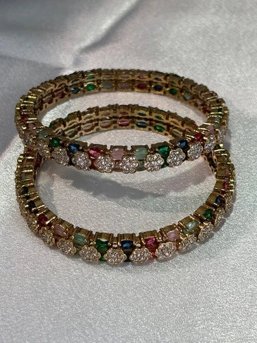 Multicolor CZ Flower Gold Tone Bangle Set Size 2.10 Indian Pakistani Jewelry