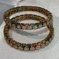 Multicolor CZ Flower Gold Tone Bangle Set Size 2.10 Indian Pakistani Jewelry