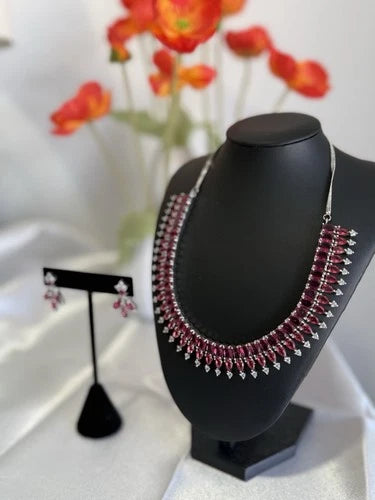 Ruby Pink CZ Necklace & Earrings Set Silver Tone Pakistani Jewelry
