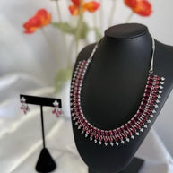 Ruby Pink CZ Necklace & Earrings Set Silver Tone Pakistani Jewelry