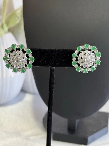 Emerald Green CZ Floral Stud Earrings Silver Tone Party Jewelry