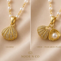 Gold Tone Shell Locket Necklace Pearl Look Hidden Pendant